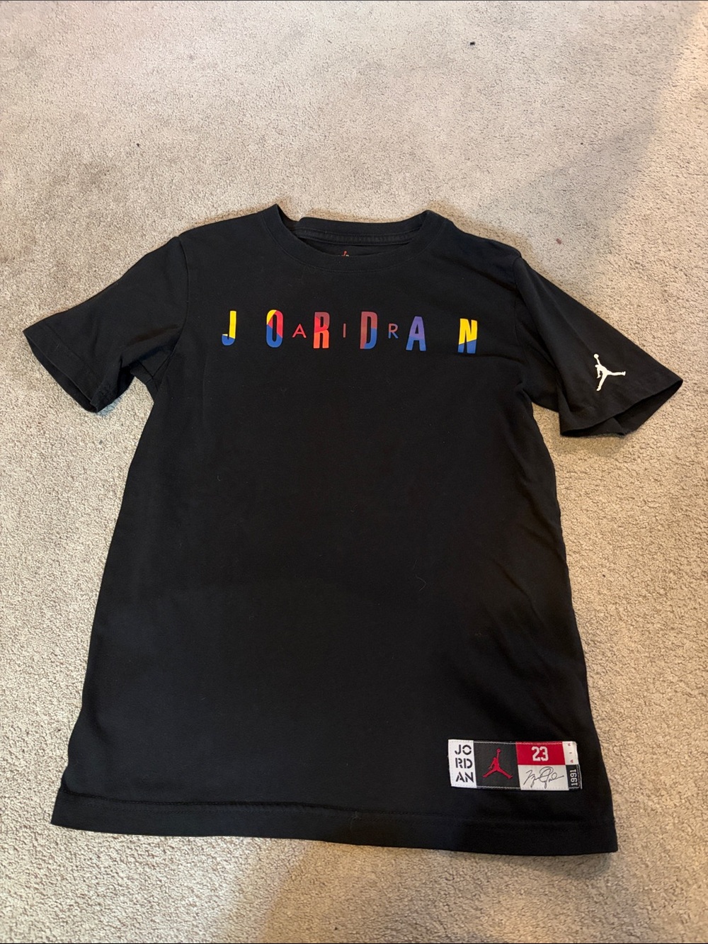 Jordan Black Short-Sleeve Tee with Multicolor Lettering